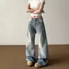 Jeans Wide Leg Lavado com Padrão de Bambu Retrô Americano para Mulheres, Estilo Novo Versátil da Moda, Calça Solta Casual Levemente Flare