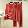 Conjunto casual nuevo de pantalones de pierna ancha, conjunto para estar en casa, conjunto de dos piezas de modal para primavera-verano, delgado de manga larga de corte holgado para mujer