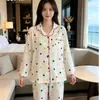 Pijama de Manga Larga con Borde de Color Contrastante para Mujer, Primavera y Otoño, Cardigan con Solapa, Algodón Nube, Doble Estampado Largo, Ropa de Casa, Conjunto de Dos Piezas