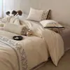 Que você floresça por completo! Conjunto de quatro peças de algodão australiano escovado, 100 unidades, puro algodão, todo em algodão, estilo bordado em renda, lençol de cama, capa de edredom, lençol com elástico 4