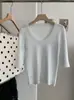 KEKEZOON Blusa de Tricô Slim-Fit com Gola U e Meia Manga Macia e Elástica 8759