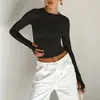Ropa de Mujer Europea y Americana Estilo Nuevo de Primavera Camiseta Color Sólido Cuello Redondo Capa Base Ajustada Manga Larga para Mujer