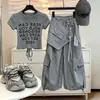 Conjunto para Meninas 2026 Verão Novo Estiloso Camiseta de Manga Curta Moda Infantil Doce Cool Calça Cargo Conjunto de Duas Peças
