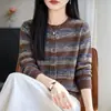 Cardigã de tricô listrado color-block estilo preguiçoso para mulheres, suéter solto de gola redonda, jaqueta petite, top versátil para usar como base