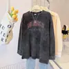 Camiseta de Manga Larga con Estampado de Letras Estilo Coreano High Street Bf para Mujer, Lavada, Desgastada, Holgada, Estilo Perezoso, Primavera y Otoño 2025