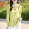 2025 Verano Nuevo Rayón Camisa Cuello Tijera Manga Tres Cuartos Cárdigan para Mujer Color Puro Holgado Top Camisa con Bolsillos