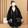 Cárdigan sudadera estampado para mujer talla grande, de longitud media, forrado de polar, engrosado para abrigar, chaqueta con capucha extragrande