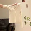 Camiseta de Tricô com Gola Alta e Mangas Longas Feminina Verão Design Fino Transparente Proteção Solar Cover-up Top