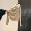 Camiseta feminina azul claro estilo coreano de 2026, ombro a ombro, manga longa, coleção de outono, com decote solto, mistura de cashmere, adequada como camada base ou peça externa