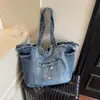Bolsa tote jeans casual descontraída de grande capacidade estilo retrô coreano, bolsa de ombro confortável, durável e versátil
