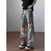 Jeans Wide-Leg com Estampa 3D de Urso Estilo High Street Americano para Homens, Design Trendy Streetwear, Calças Retas Lavadas de Nicho