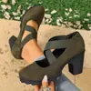 Tacones Altos Antideslizantes de Tira Cruzada Tallas Grandes Zapatos Casuales Individuales Europeos y Americanos Tira Cruzada Retro Suela Gruesa Tacón Grueso Zapatos de Mujer