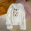 Camiseta de manga comprida de algodão puro com estampa de urso de desenho animado, doce e fofa, para tamanhos plus size, primavera e outono, top branco solto versátil para mulheres