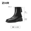 Botines ZHR para mujer de tacón grueso y punta cuadrada, colección otoño 2026, botas retro negras ajustadas, versátiles y a la moda