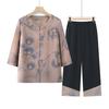 Mamá 2024 Nuevo traje Camisa estampada Pantalones de pierna ancha Top holgado simple Pantalones capri Camisa de talla grande Delgada