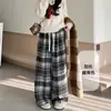 Calça Feminina de Lã Xadrez, Novo Estilo Outono, Calça Casual Reta de Cintura Alta, Caimento Solto, Emagrecimento, Calça de Perna Larga Comprimento Total, Elegante para o Trabalho