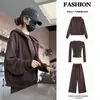 Conjunto Deportivo Casual con Sudadera Marrón para Mujer Estilo Coreano Conjunto Completo Meilade Primavera Otoño Sudadera Pantalones Conjunto de Tres Piezas Muy Bonito