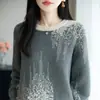 Suéter de Punto Grueso Jacquard Estilo Francés 100% Algodón Engrosado Cuello Redondo para Mujer, Corte Holgado, Adelgazante, Top de Suéter Versátil para Otoño e Invierno