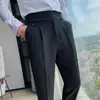 Primavera e Outono terno calças masculinas retas napolitano babado bonito cintura alta calças de terno pequeno estilo britânico slim fit calças cabeleireiro moda