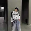 Camiseta de manga larga color plata estilo jersey americano para hombre y mujer, con estampado de letras en color de contraste, top deportivo de marca de moda para pareja con cuello redondo