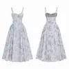 Vestido Midi Pastoral Slimming Temperament Estilo Doce Girly Europeu e Americano Comércio Exterior Feminino Costas Nuas Alças Finas Estampa Floral
