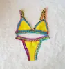 Bikini sexy de ganchillo de dos piezas europeo y americano, combinación de colores, traje de baño de playa de ganchillo de neopreno, traje de baño extranjero para mujer