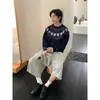 Suéter Fair Isle de Venta Caliente para Otoño e Invierno, Jersey Estilo Universitario con Tótems Retro, Tejido Cepillado, Azul Marino Personalizado para Parejas