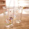 Taza de vidrio con pajita, taza de agua con estampado de fresas de dibujos animados para niñas, taza de jugo para el hogar con tapa