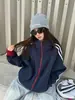 Sudadera con capucha a rayas de bloques de color retro americano para hombre y mujer, estilo universitario de otoño, cárdigan casual de cuello alto pesado, chaqueta para pareja