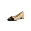 Elegantes Zapatos de Tacón Alto para Mujer Estilo Chanel Bloques de Color Punta Cuadrada Boca Baja Tacón Grueso Piel de Oveja Retro Francés Hebilla Cuadrada