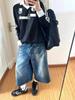 Estilo Americano Retro Diseño Lavado Bigotes de Gato Pierna Ancha Shorts de Mezclilla Mujer Nuevo Verano Sueltos de Cinco Puntos Pantalones Medianos Pantalones Capri