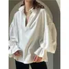 Blusa de camisa elegante casual de comercio exterior transfronterizo europeo y americano para mujer, holgada, elegante, con volantes, cuello en V, manga de farol, hombros descubiertos