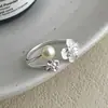 Anel de Flor de Pérola Natural em Prata de Lei S925 Outono/Inverno para Mulheres, Estilo Ins Nicho com Design Chinês Anel Aberto