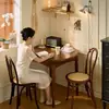 Mesa Redonda Retráctil Estilo Francés de Mediados de Siglo Toda de Madera Maciza Mesa de Comedor Oval Plegable Mesa Retro para Apartamento Pequeño Mesa de Comedor