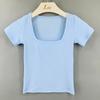 Corea del Sur Dongdaemun Ajustado Ajustado Ajustado al Pecho Sexy Cuello Cuadrado Microtransparente Color Sólido Ombligo Expuesto Manga Corta Camiseta Top Corto para Mujer