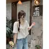 Foto Real de Blusa Redonda con Bordado y Ribete de Encaje para Mujer, Estilo Coreano, Corte Holgado, Adelgazante, Top con Mangas Abullonadas y Lazos 13073