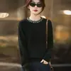 Suéter Redondo de Lana 100% Pura con Incrustaciones de Diamantes para Mujer, Ajuste Holgado Adelgazante, Suéter Suave y Sedoso Pullover Tejido Top para Vestir por Debajo