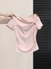 Camiseta Corta Elegante y con Estilo de un Hombro Anudada y Manga Corta para Mujer, Verano 2026, Estilo Dulce y Picante, Pliegues Laterales en la Cintura, Top Adelgazante y Espectacular