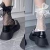 Medias de Red con Encaje Sexy Blanco y Negro Calcetines Cortos Modernos con Lazo Pequeño Media Pantorrilla Calcetines de Mujer