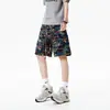Pantalones Cortos de Punto con Graffiti de Letras para Hombre, Estilo Delgado de Verano, Pantalones de Estampado Completo de Estilo Americano de Moda, Shorts de Cinco Puntos Retro para Vacaciones en la Playa