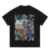 Marca de Moda Anime Japonesa Lavada Vieja Estampada Camiseta de Manga Corta Oversize Holgada Manga Media Camiseta Americana Pesada para Hombre