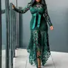 2025 Novo Europeu e Americano Exportação Feminino Wish Renda Vazada Manga Longa Gola Alta Cadarço 5 Cores Vestido Assimétrico