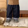 Pantalones de Pierna Ancha de Mezclilla con Forro de Felpa a Cuadros Volantes Estilo Coreano para Niños Pequeños Ropa de Abrigo Gruesa Cálida Retro Pantalones Largos