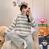Pijama Nuevo de Manga Larga para Mujer Otoño 2026, Tela Elástica a Rayas, Similar al Algodón, Conjunto de Ropa de Casa Dulce de Niña con Cuello Redondo, Estilo Delgado