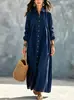 Nuevo Vestido Largo de Color Sólido Estilo Camisa para Primavera y Otoño, Moda Femenina Europea y Americana, Corte Holgado, Cuello Abotonado, Vestido Casual de Manga Larga