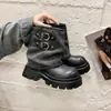 Botines de lona para mujer, estilo retro, con hebilla, suela gruesa, antideslizantes, nuevos para otoño, versátiles, de altura media hasta la pantorrilla, elegantes