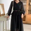 Vestido de gasa semitransparente elegante con cuello en V, de alta gama, para mujer, del distrito de Dongdaemun, Corea, con cinturón