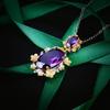 Estilo Palacio Vintage Italiano Orgulloso Flor de Ciruelo Diamante Púrpura Conjunto Margarita Pequeña Color Colgante Pendientes Anillo Abierto para Mujer