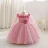 Nuevo Vestido de Manga Larga con Mariposas para Niña de Un Año Vestido de Malla con Flores Estereoscópicas Esponjosas de Princesa para Niños Vestido de Bautizo para Niña