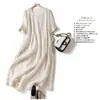 Vestido Vintage con Diseño de Pliegues de Órgano de Media Manga para Mujer, Artístico, Color Sólido, Cuello en V, Algodón Lino, Fresco, Adelgazante, de Longitud Media